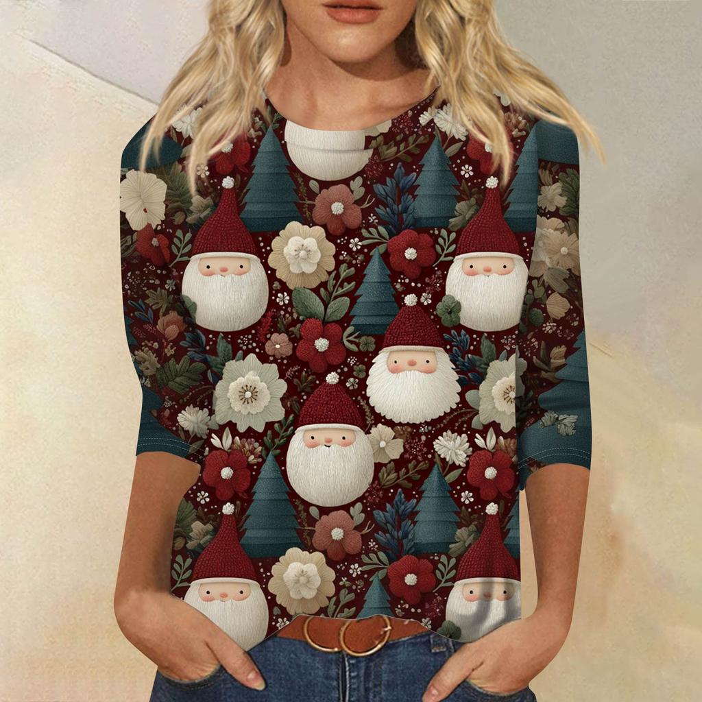 Damenmode, lässig, Rundhalsausschnitt, 3/4-Ärmel, lockeres bedrucktes T-Shirt, Damen-Top