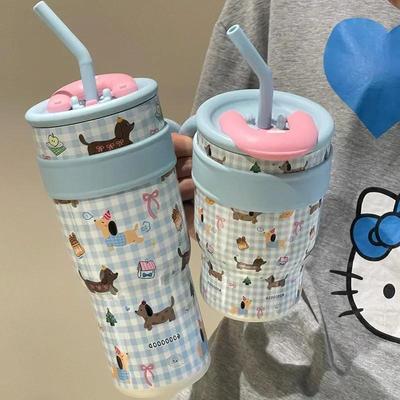 700/1200ml Cute Water Bottles Large Capacity Thermos Bottle with Straw 700ml Coffee Cup Birthday Gift Travel Mugs with Handle