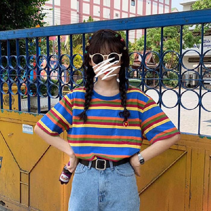 Summer Casual Loose T Shirt Women's Streetwear Harajuku Rainbow Stripes Short Sleeve T-shirts for Women Y2k Tops Vintage Clothes