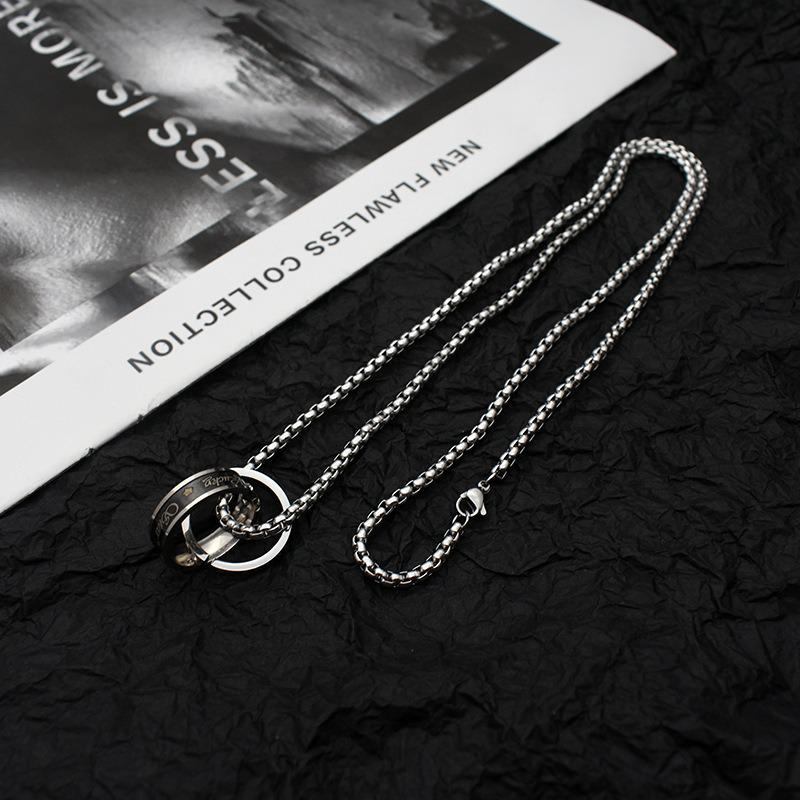 Stylish Hip Hop Titanium Steel Double Ring Necklace - Non-Fading Stainless Steel Sweater Chain Accessory