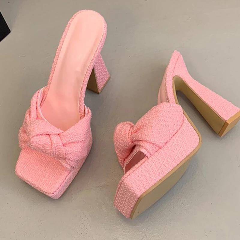 Modische Stilvolle Schleife Super High Heel Slipper Damen Schick Dicke Sohle Eckige Zehen Sandalen Damen Party Slip On Plateau Pantoletten Mujer