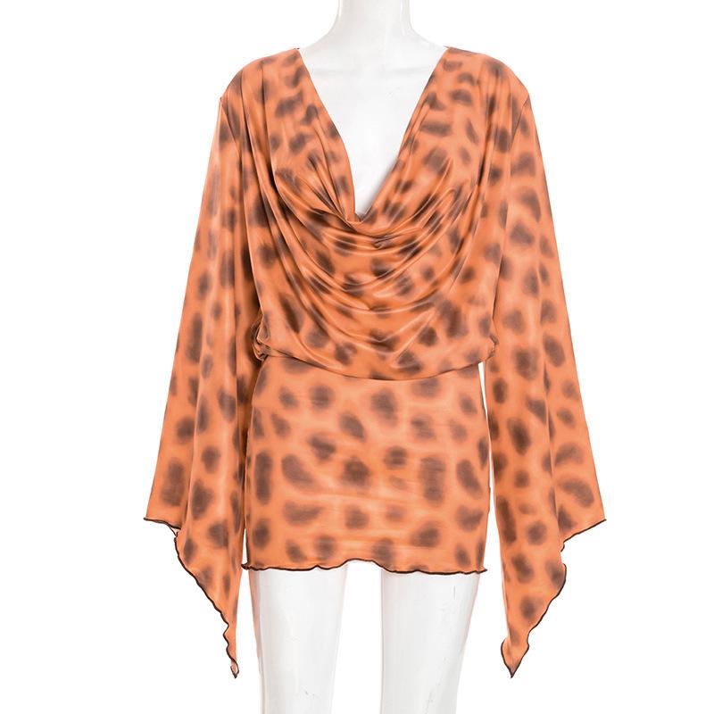 Leopard Print Orange V-Neck Long-Sleeve Mini Dress for Women S