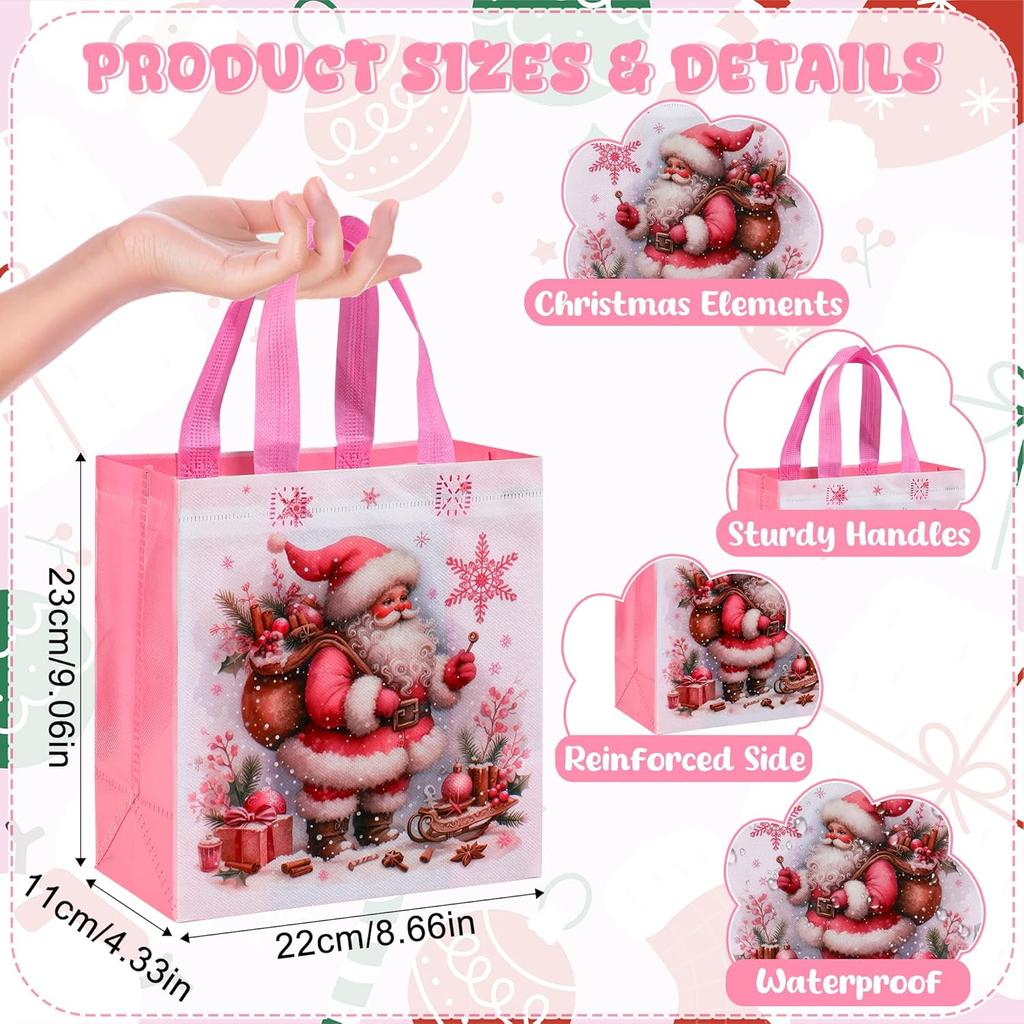 Non-Woven Christmas Gift Bags Reusable Pink Christmas Treat Bag with Handle Santa Claus Reindeer Berries Pattern Party Favor