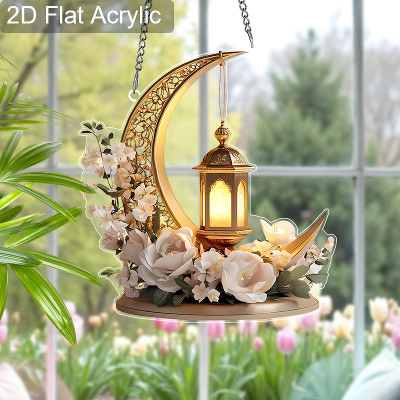 Acrylic Ramadan Crescent Moon Floral Lantern Suncatcher Stained Glass Effect Window Hanging Ornament Muslim Holiday Gifts