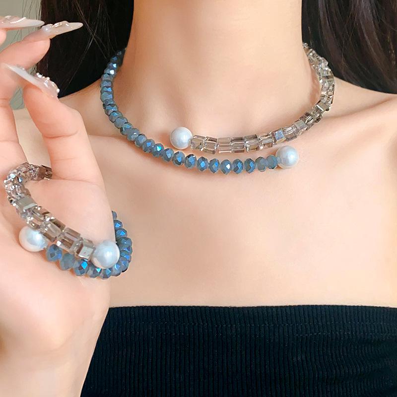 

Luxury Glass Bead & Pearl Necklace Bracelet Set - Elegant High-End Design