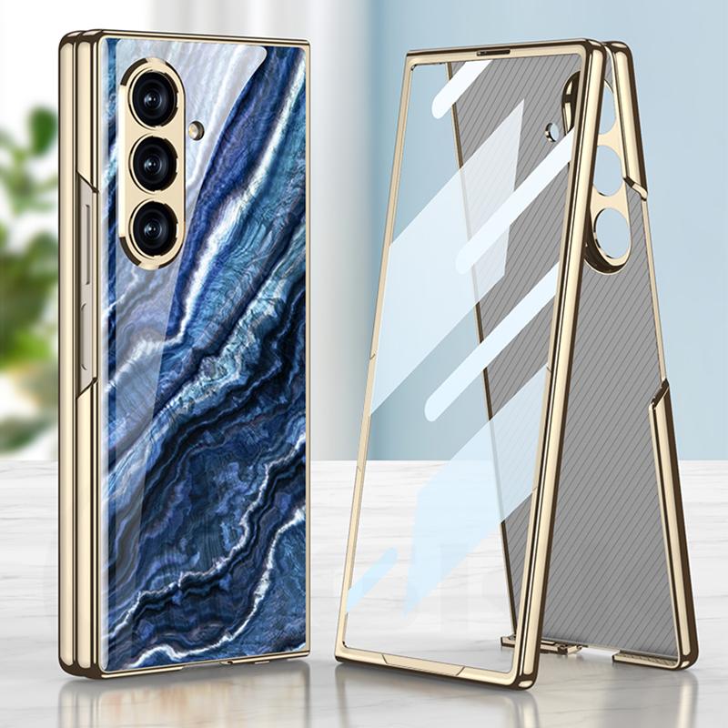 Luxury Painted Glass Plating Case for Samsung Galaxy Z Fold 5 6 7 Front Screen Glass Protective Cover for Galaxy Z Fold7 Case