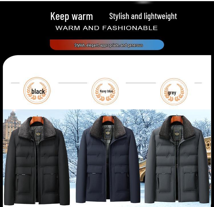 Men's Thickened Lapel Collar Down Jacket with Fleece Lining - Winter Short Style for Middle-Aged and Elderly