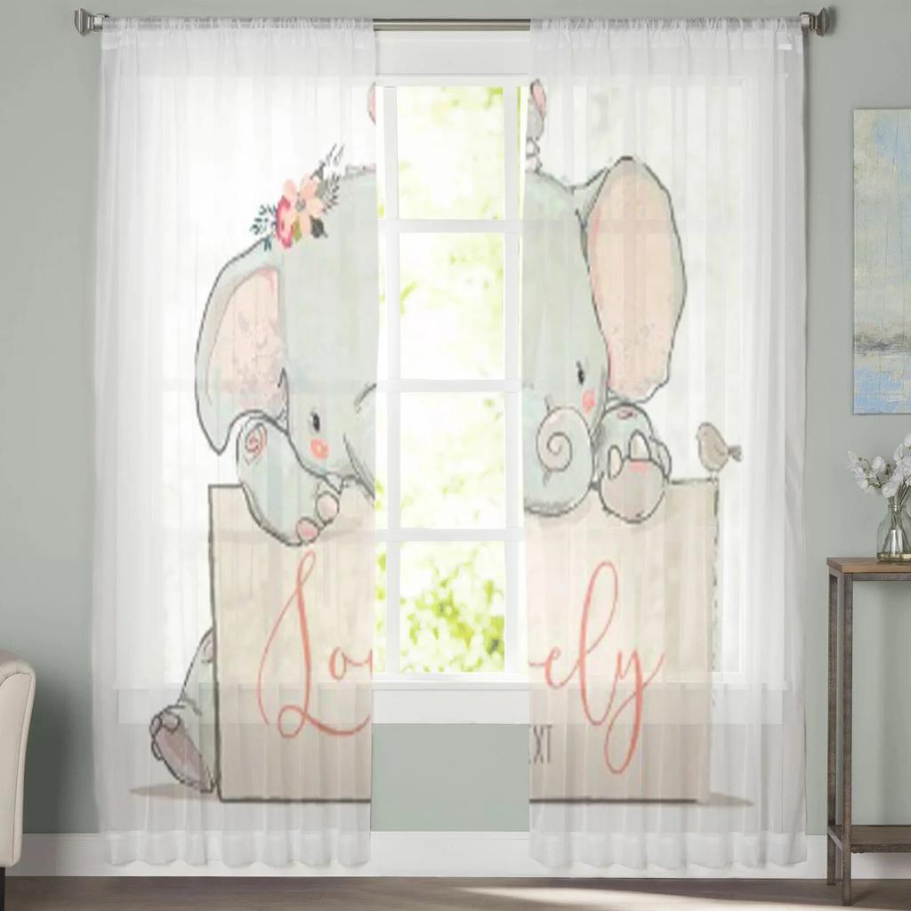 Bellissime tende in tulle con elefante e uccello per soggiorno, camera da letto, finestra, tende trasparenti, cucina, balcone, tende in voile