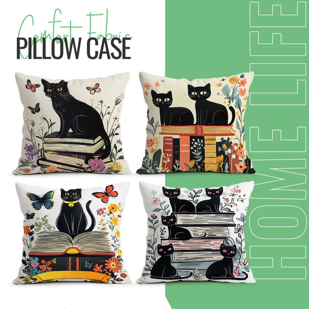 Black Cat Books Cushion Pillowcase Printed Polyester 45x45cm Throw Pillowcover Decorative Sofa Cushion Pillowslip Home Decor