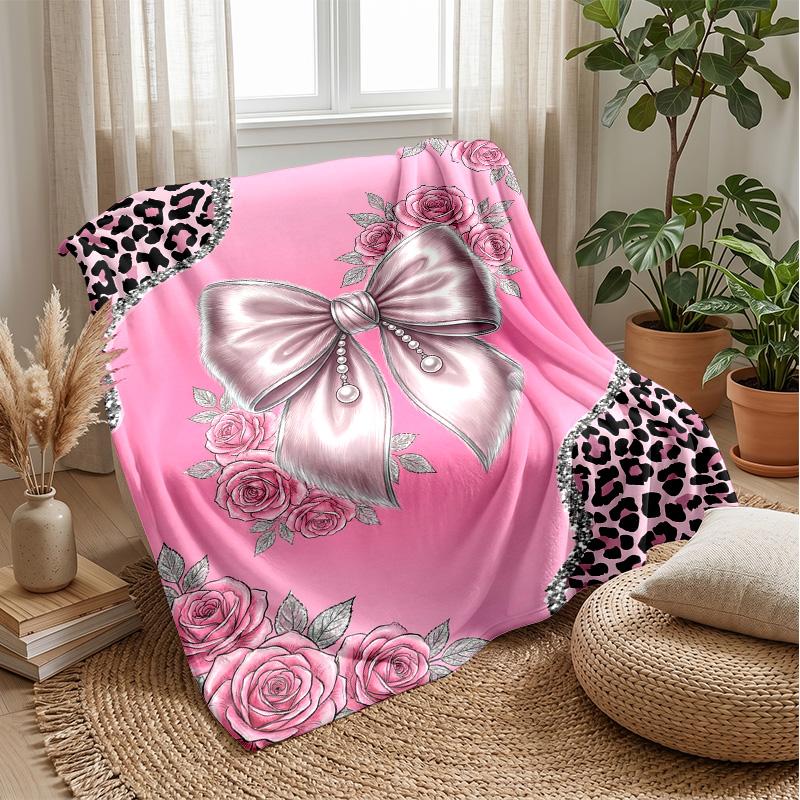 Pink Roses and Bow 4 Theme blanket Lightweight Warm Flannel Blanket Decorative Throw Blanket for Home Decoration