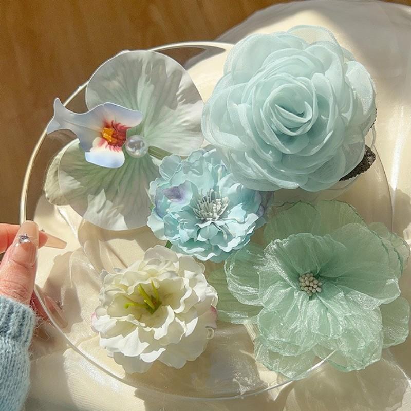 Green Themed Flower Hair Claw Clip Side Bangs Hair Clip Mesh Fake Flower Atmosphere Hairpin Seaside Vacation Hair Accessories