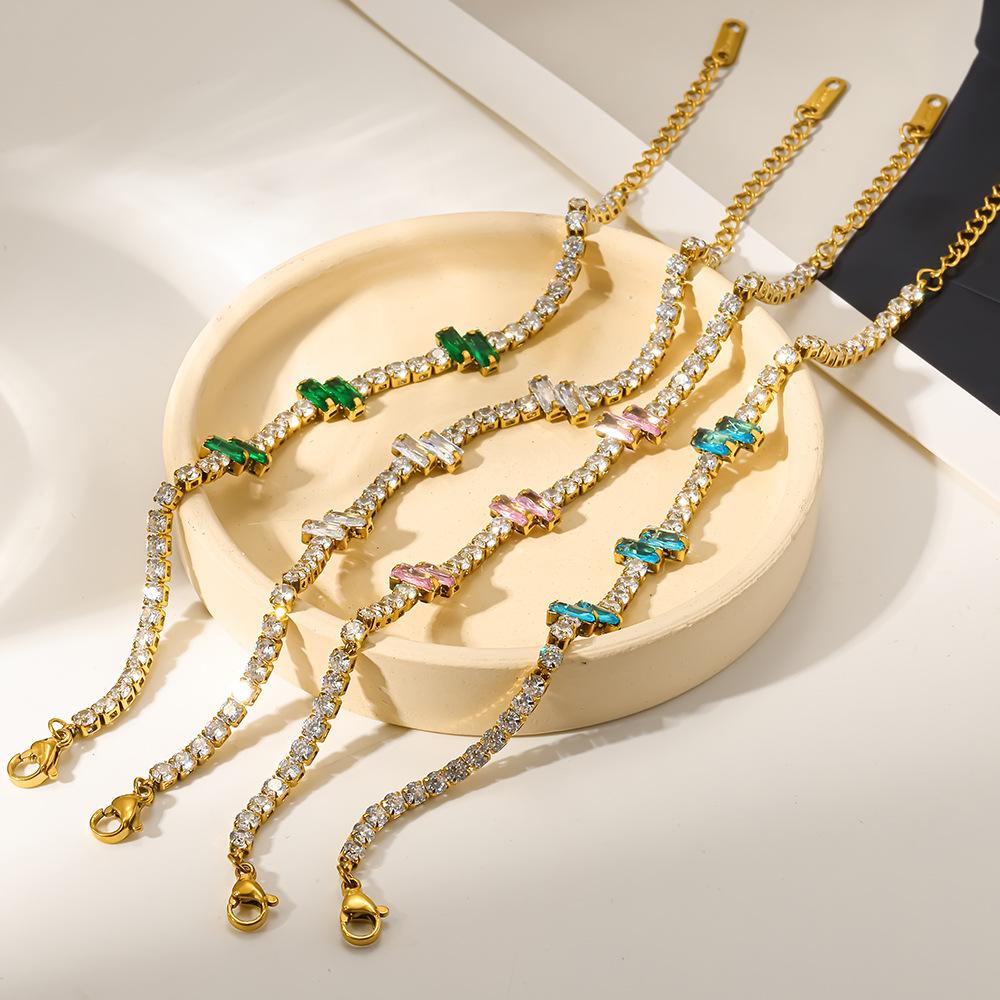 Vibrant Multicolor Baguette Zircon Tennis Bracelet Gold Plated Stainless Steel Chain Women Sparkling Bracelet