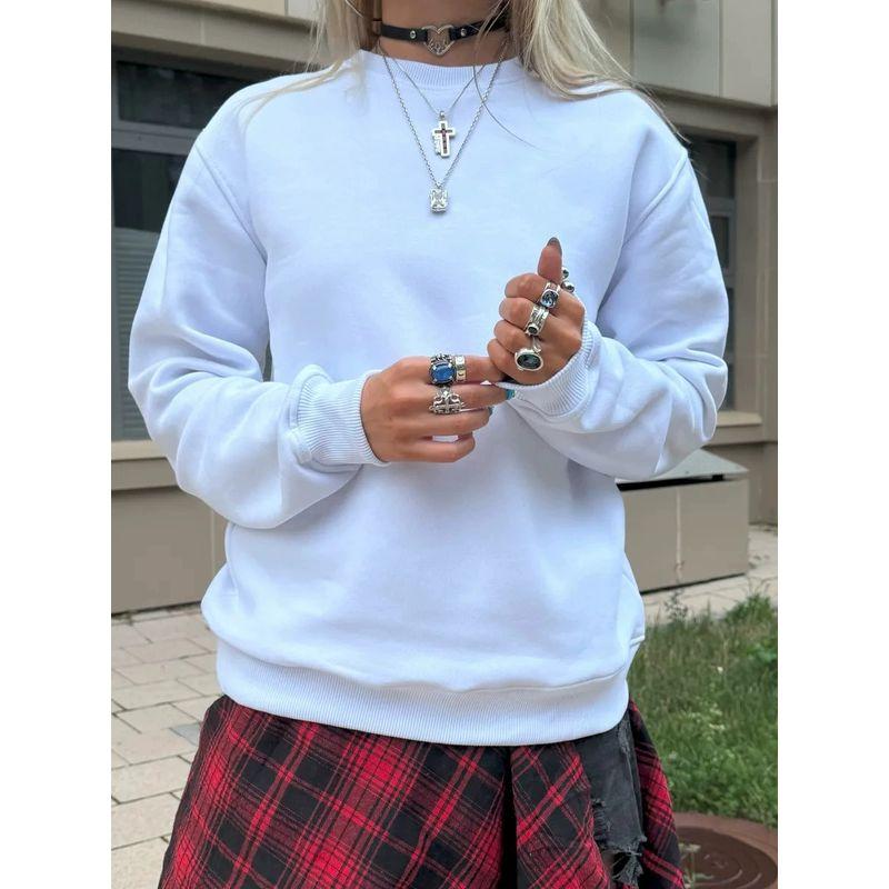 

Loose Casual Top Fashion Wind New Fashion Casual Loose Long Sleeve Top Solid Color round Neck Sweater White (thin/thin) S