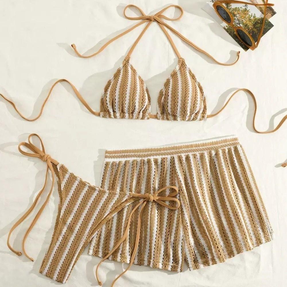 Stripes 3 in 1 Swimwear Set Lace Up Knitting Swimsuit Casual Bikini Bathing Suit  Beach