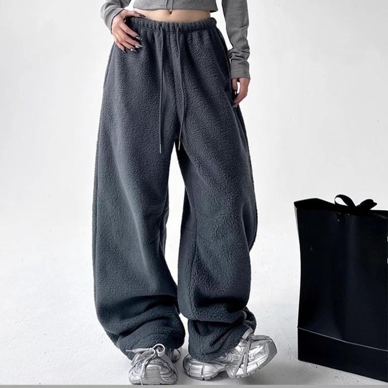 Simple Women's Thickened Pants Elastic Waist Polar Fleece Drawstring Straight Bottom Wide Leg Female Trousers Autumn Winter