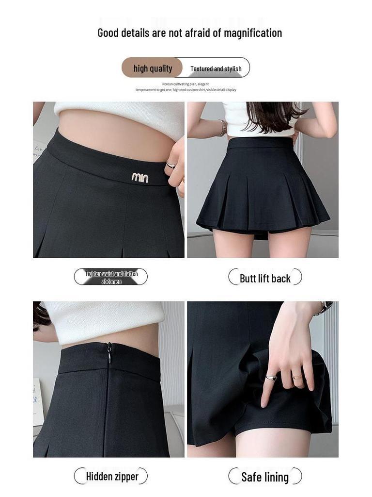 Ladies' Petite Black A-Line Pleated Skirt - High Waist, Slimming Culottes for Spring