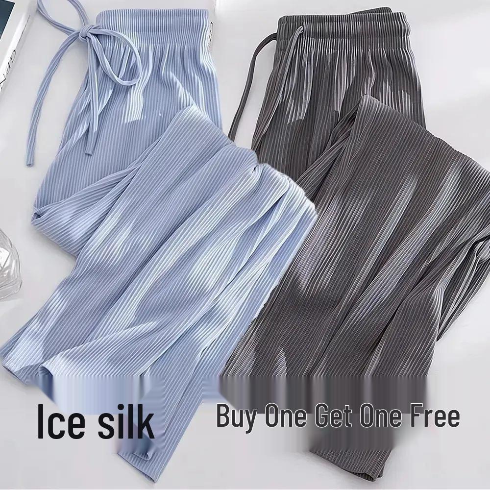 Women's Summer Ice Silk Wide-Leg Pants: One or Two-Piece Set, Korean Style, High Waist, Slimming, Floor-Length.