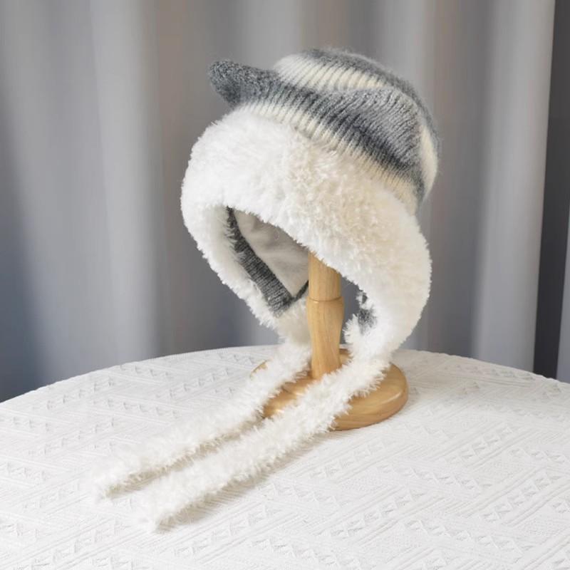 

Женская плюшевая теплая вязаная шапка с искусственными лисьими ушками, утолщенные шерстяные наушники для зимы, шапка с кошачьими ушками one size