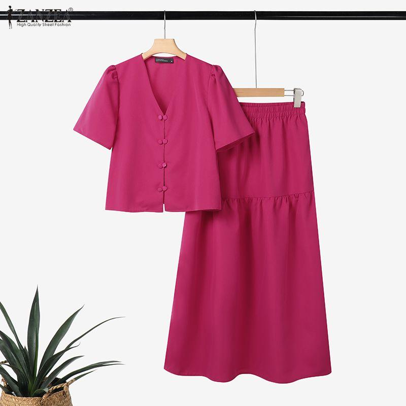ZANZEA Women Short Sleeve Blouse and Long Skirts Summer Two Piece Suit Sets