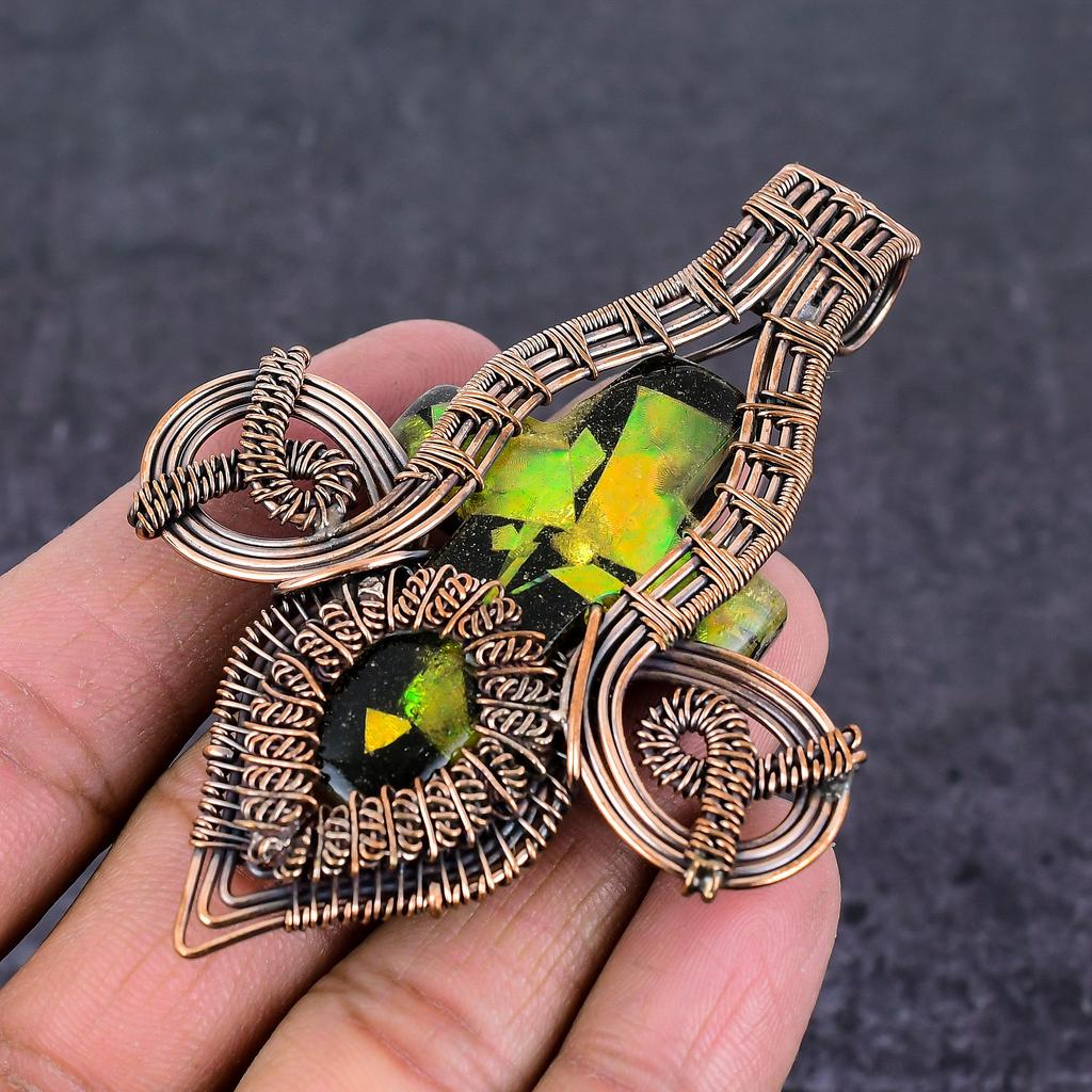 Natural Ammolite Gemstone Handmade Copper Wire Wrap Jewelry Pendant 3.35" B6J94