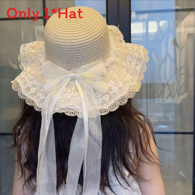 Weaving Lace Bow Sun Hat With Wide Brim For Beach And Vacation
