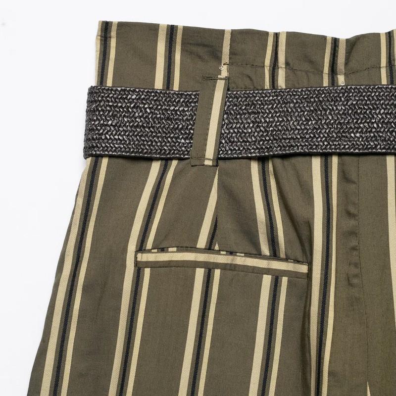 Womens Striped Straight Leg Trousers With Waist Belt Olive Green Casual Pants 2026