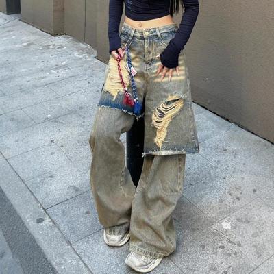 American Retro Large Size Washed and Old Two-piece Jeans Women's Street Design Loose Straight Drop Trousers Tide