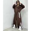 Womens Streetwear Hooded Two-Piece Set With Stripe Panel Detail Long Sleeve Open-Front Top Drawstring Pants