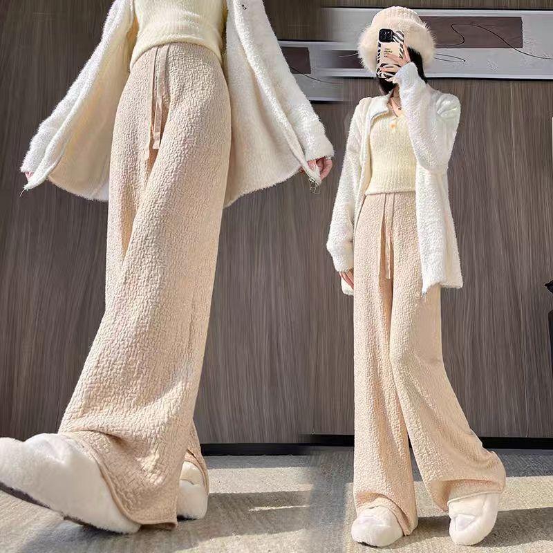 New Autumn Winter Plus Size Womens Wide Leg Pants High Waist Loose Straight Casual Trousers Slimming Mid Age