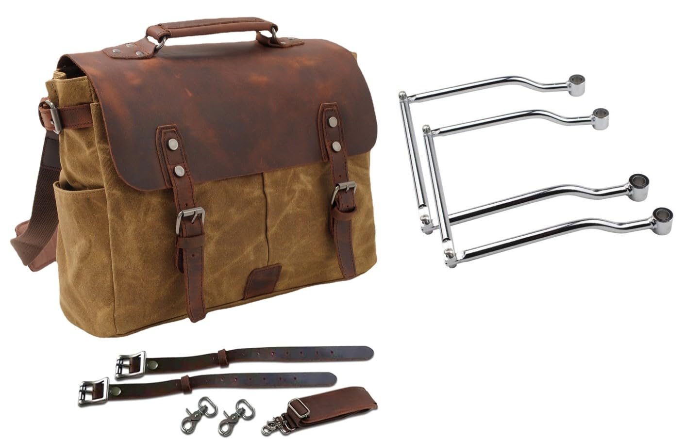 

CFT TIME Motorcycle Side Bag with Metal Retro Large Side Leather Brown Clasp, Fittings, Design, Capacity, Belt, Shoulder, Pouch, (2, + Silver)