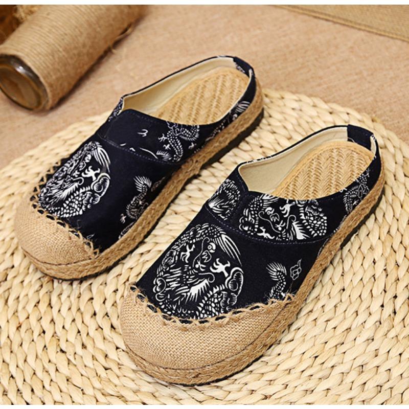 

Модные женские повседневные льняные мюли с ручной вышивкой, плоские шлепанцы в стиле ретро, веганские, летние, из парусины, удобные эспадрильи 35
