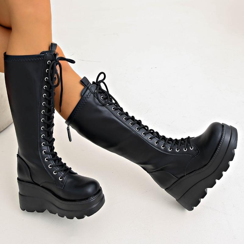 Schnür-Plateau-Overknee-Stiefel Herbst Runde Zehe Rutschfest Hoher Absatz Hohe Radstiefel