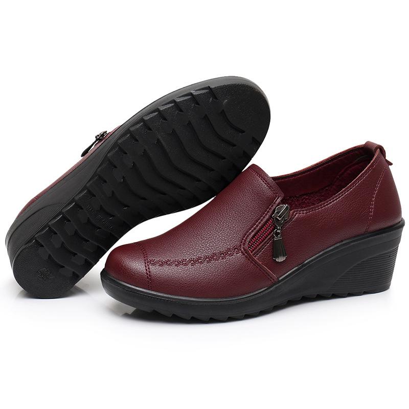 Scarpe con zeppa in pelle da donna primavera e autunno 2025 - Scarpe comode singole per mezza età e anziani