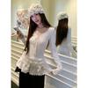 Plus-Size Sweet Style Lace Patchwork Lace-Up Long-Sleeve Top T-Shirt for Women, New Autumn and Winter V-Neck White Base Shirt
