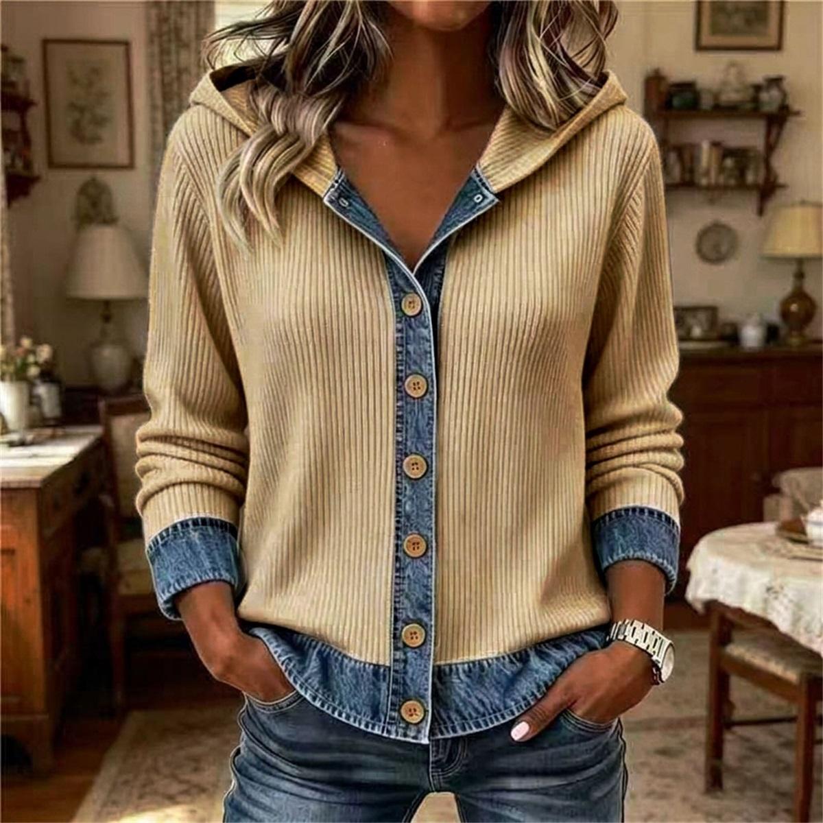 Dames Kapuchon Gebreide Top Denim Inzet Knopen Cardigan Lange Mouw Patchwork Casual Losse Hoodie Jas XL kaki