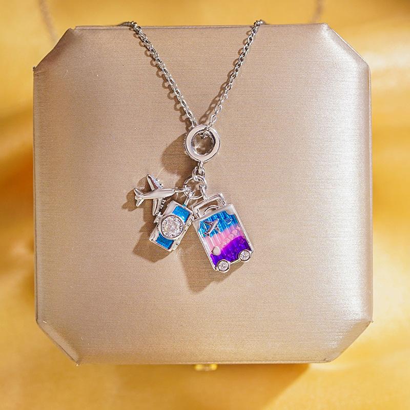 Womens Light Luxury Rainbow Drip Oil Airplane Travel Pendant Clavicle Necklace