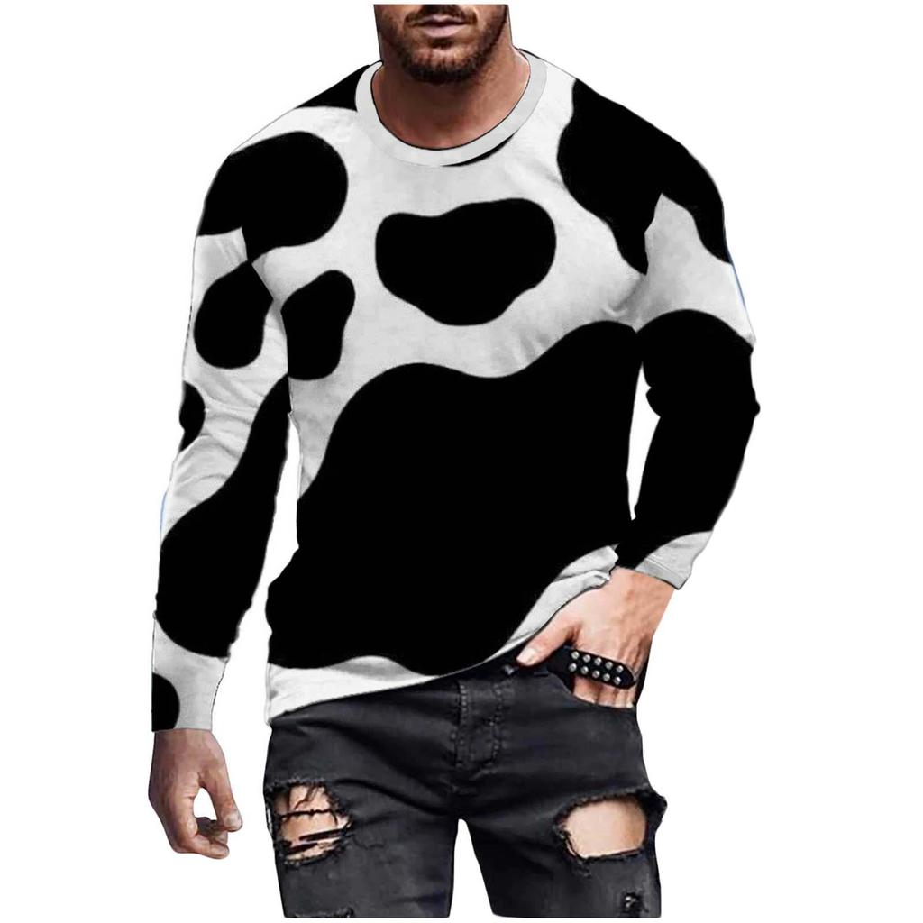 Spring and Autumn Round Neck Spotted Cow Pattern 3D Printed Top Fashionable Casual Long Sleeved Men's T-shirts