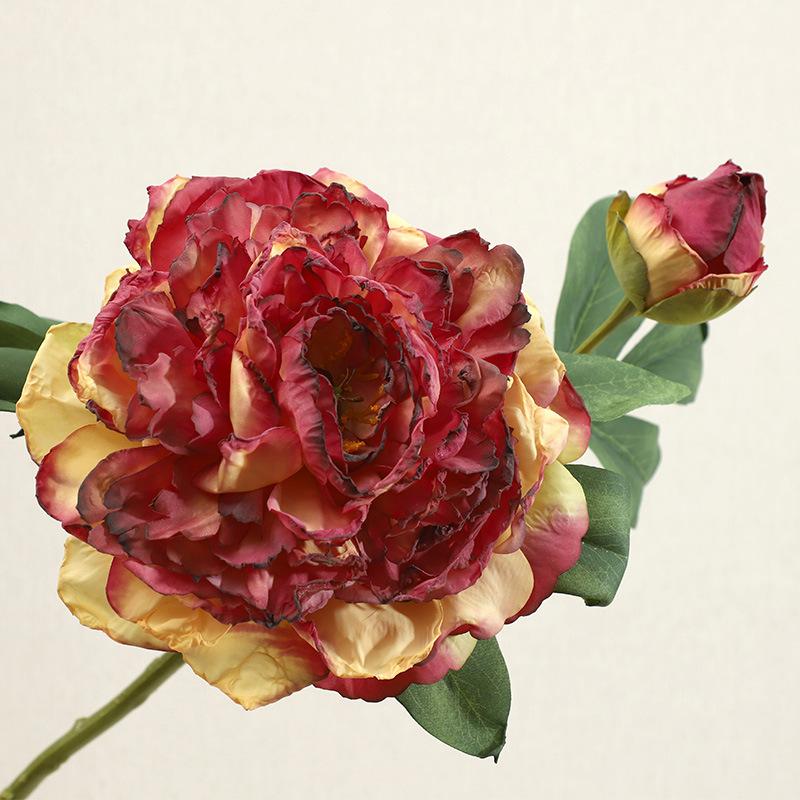 

2 головки пиона с запеченным краем, имитация цветка, украшение для гостиной, украшение для стола, искусственный цветочный букет вино красного