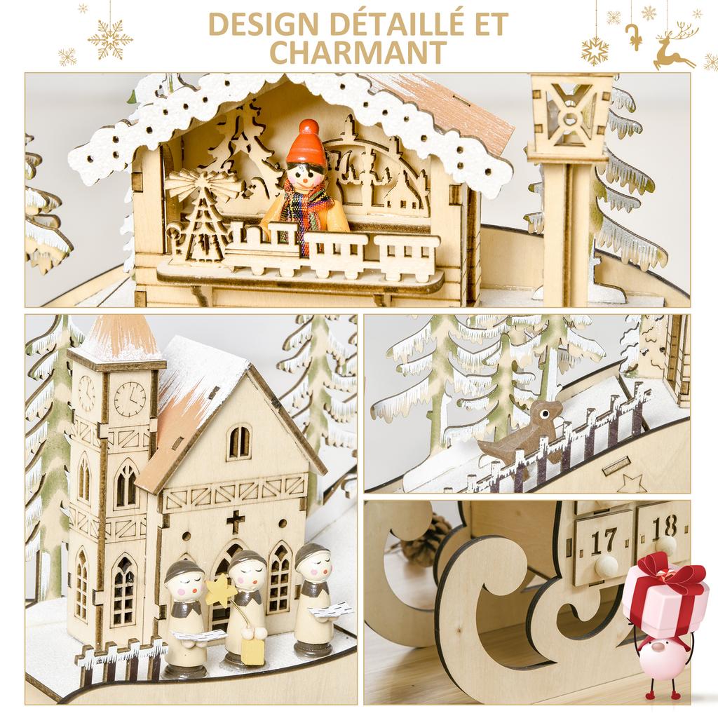 Christmas Advent Calendar, 2021 Light Up Table Xmas Wooden Sleigh Holiday Decoration with Countdown Drawer, Village, for kids Adults