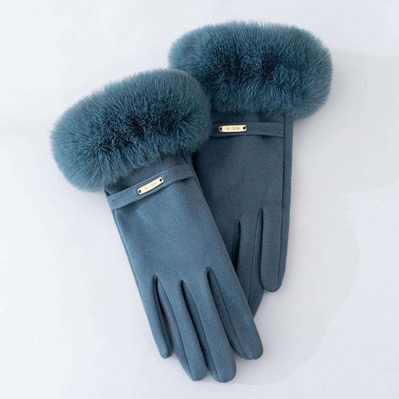 Women's Velvet Rabbit Fur Fleece-Lined Cycling Gloves - Warm, Non-Slip, Windproof, Thick Winter Gloves