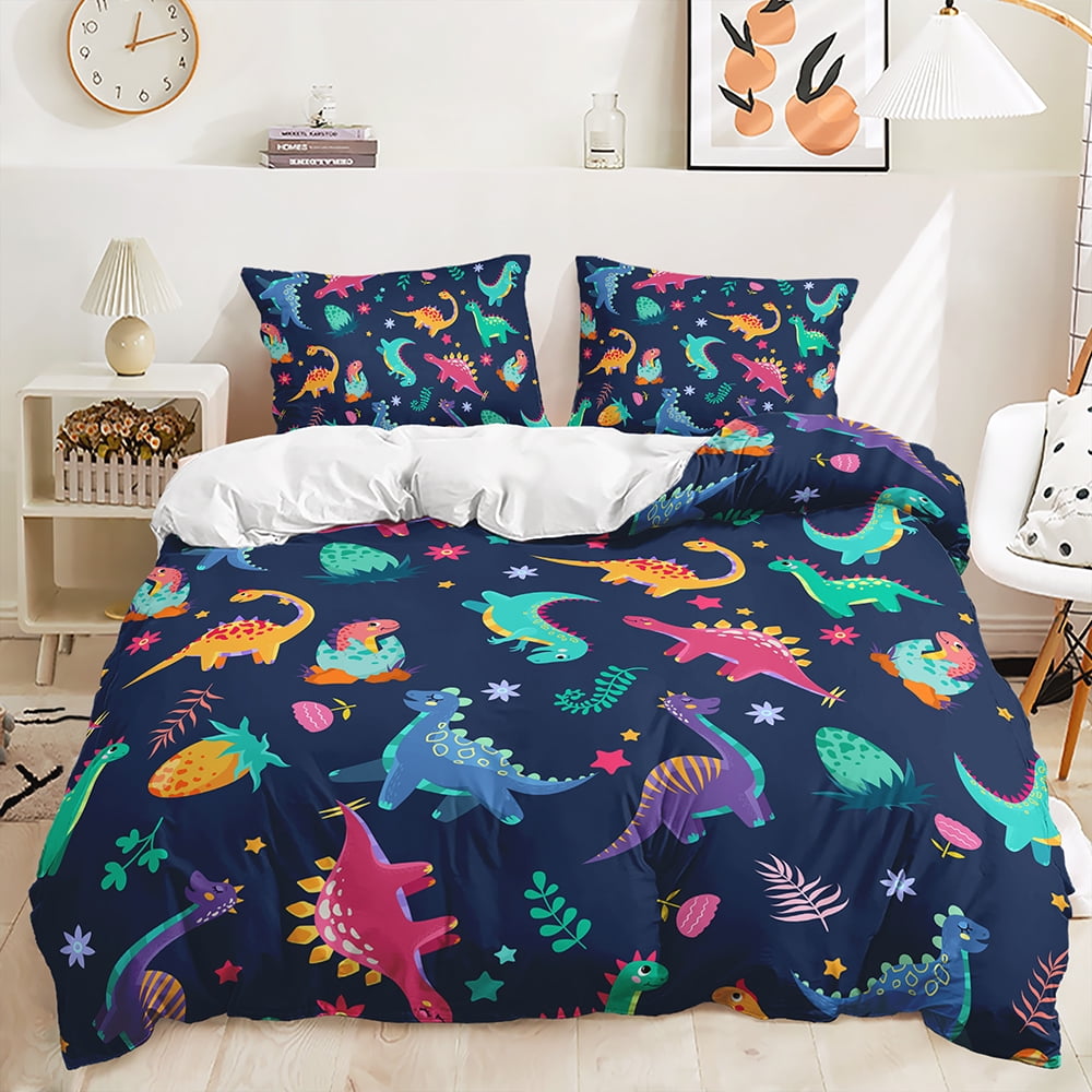 Colourful Dinosaur Duvet Cover For Kids Boys Girls Cartoon Dino Comforter Cover Floral Grass Mountain Bedding Set Wild Animal