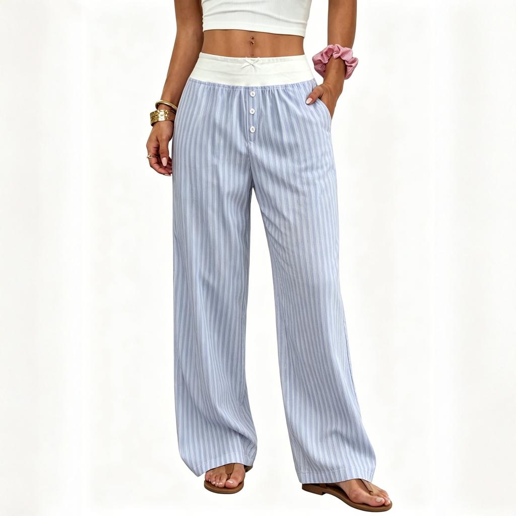 Ladies' Fashionable Casual Striped Wide Leg Pants