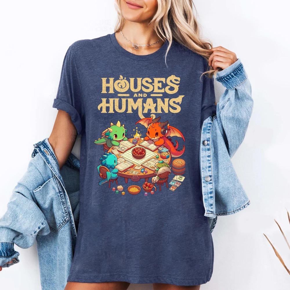 Vintage Houses and Humans D&D Shirt Retro 90s Dungeons and Dragons Tee Clothing Graphic Short Sleeve Shirt Men Women All-Season
