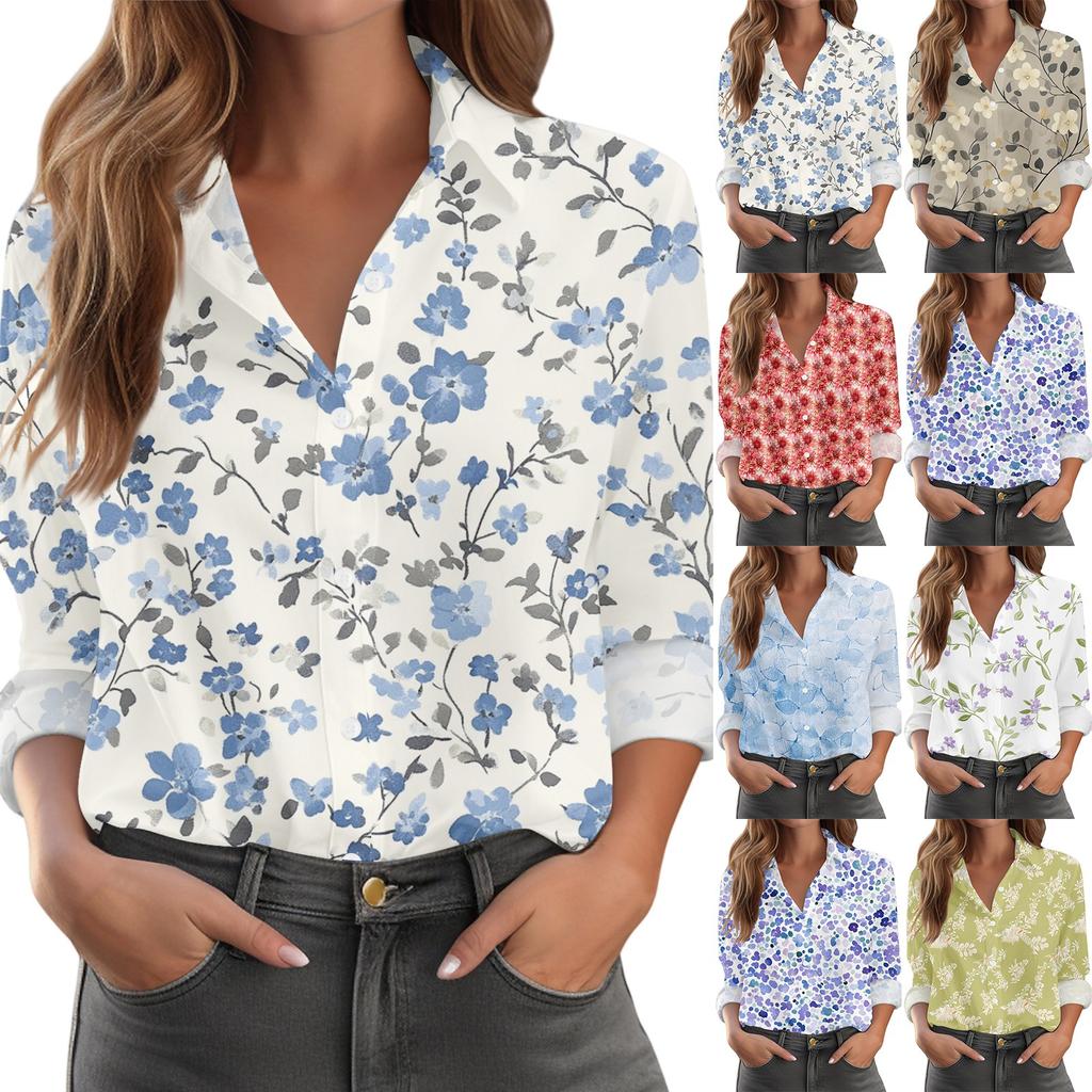 Women's Shirt With Floral Print Buttons, Long Sleeved Casual Regular Shirt Blouses Casual Plus Size Basic Tops
