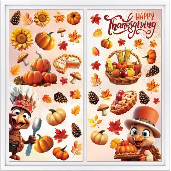 Thanksgiving Window Clings, 3D 8 Sheets Fall Window Clings Double Sided Turkey Pumpk Window Stickers for Glass Window Thanksgiving Fall Decorations