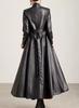 Elegante Casaco Trench Longo Feminino Casual Formal Feito à Mão em Couro de Pele de Cordeiro Genuíno