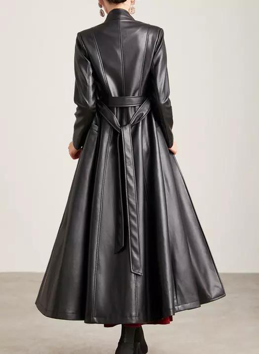 Elegante Casaco Trench Longo Feminino Casual Formal Feito à Mão em Couro de Pele de Cordeiro Genuíno