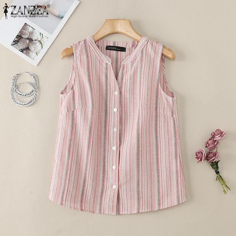 ZANZEA Women Casual V-neck Summer Sleeveless Stripe Tank Tops