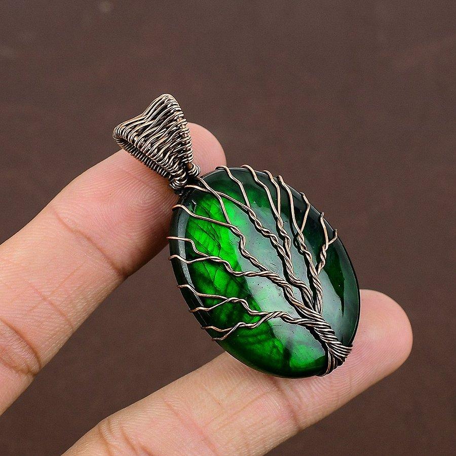 Green Labradorite Handmade Copper Wire Wrap Jewelry Pendant 2.17" p3c81