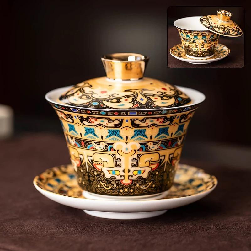 360° Hovering Lid Gaiwan – Jade Porcelain Three-Part Chinese Tea Bowl for Gongfu Brewing